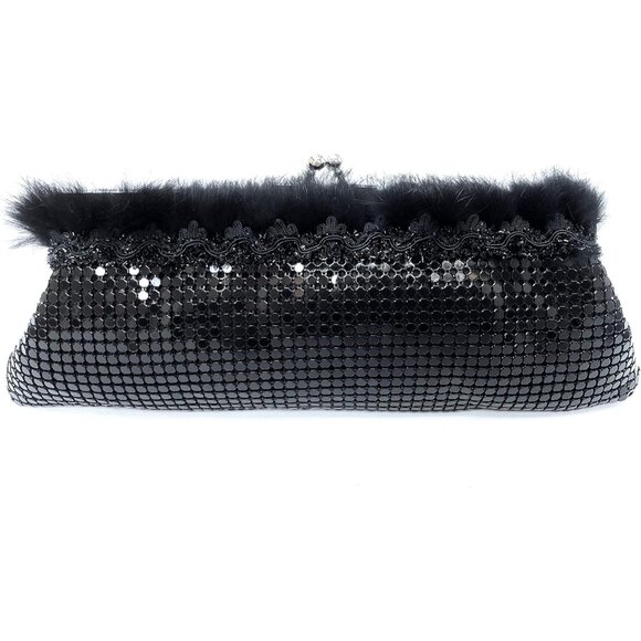 ⚡ Women's Black Fur Trim Floral Metal Kiss Lock Evening Clutch Bag - Picture 2 of 3